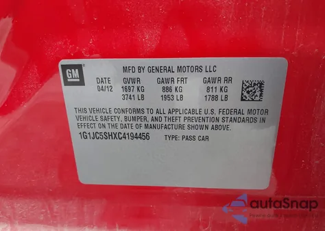 2012 Chevrolet Sonic 2Lt z USA, uszkodzony, nr VIN 1G1JC5SHXC4194456